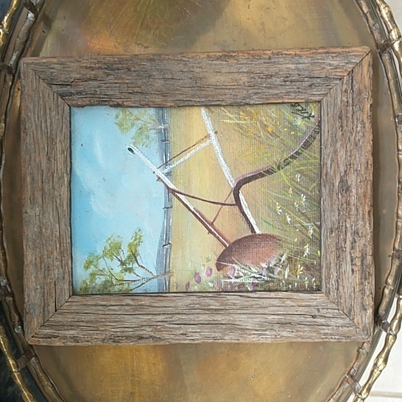 Small Framed Watercolor, Signed by Kirby, frame is old Barn Wood, Plow & nature - Picture 1 of 6